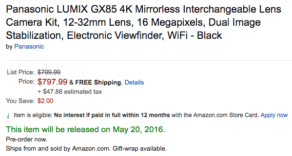 Panasonic GX85 camera shipping date