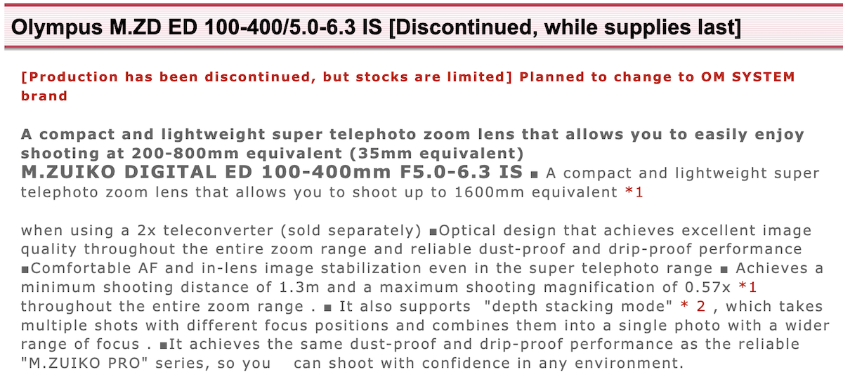 Olympus M.Zuiko Digital ED 100-400mm f/5-6.3 IS lens listed as ...