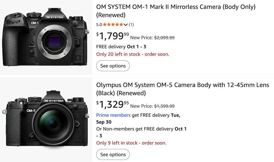 Renewed (refurbished) OM System cameras for sale on Amazon (OM-1 II, OM ...